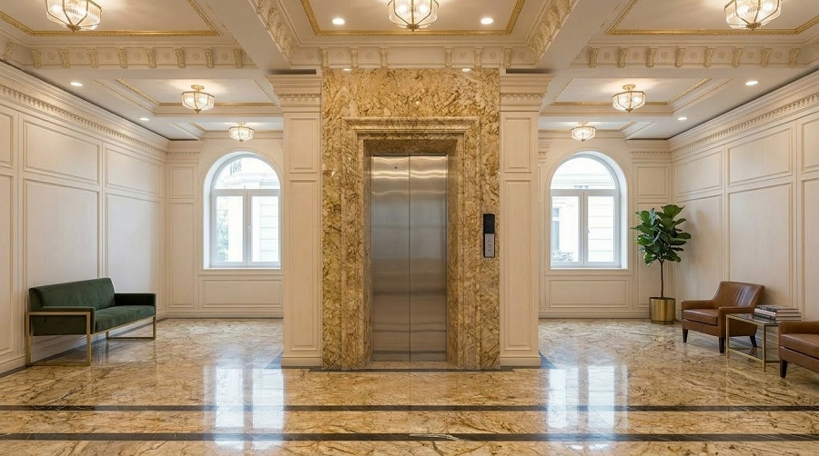 Đá ốp thang máy tân cổ điển nổi bật với màu vàng sang trọng